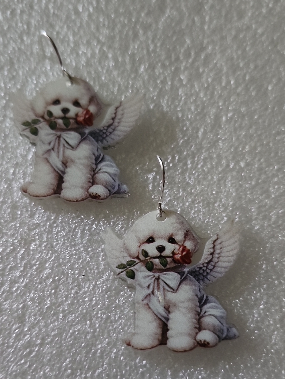 Hand Crafted White Angel Puppy Earrings with Pink Rose